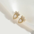 Elegant gold drop earrings with pear and baguette-cut cubic zirconia on white silk - Pear-shaped Crown Design (ES2845-2)