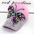 Pink denim baseball cap featuring colorful rhinestone butterfly and crystal brim - Adult Size (Adjustable) / Pink