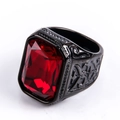 Vintage black stainless steel ring with a large rectangular red gemstone and carvings - US 7 / Black (Red Rhinestone)