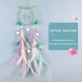 Acchiappasogni a forma di gatto verde menta con piume viola e perle decorate - Testa di Gatto - Finito / Senza Luci / Verde