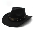 Classic black wool felt western cowboy hat with brown leather rivet band and bull emblem - Black