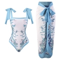 Dreiteiliges Bikini-Set mit weißem Blumendruck und passendem langen Wickelrock - S / Oberteil Und Unterteil / Zwei Vögel Serie
