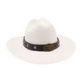 Cappello in lana bianco con fascia in pelle marrone, turchese e fibbia a toro - Taglia unica / Bianco con bordo avvolto (Testa di toro turchese)