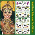 Set di 6 tatuaggi viso per carnevale impermeabili con piume e motivi viola verde oro - Set Mardi Gras QF011-016 (Set da 6)