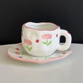 Hand-painted ceramic coffee cup and saucer set with pink floral patterns and dots - Pink Flower Polka Dot Cup & Saucer