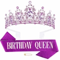 Birthday Queen purple crystal tiara set with fuchsia glitter sash and safety pin - Silver Purple Holographic (Queen)