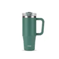 Detail of forest green 40oz stainless steel tumbler with handle and laser-etched logo - Spruce Green