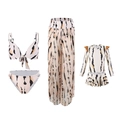 Conjunto de bikini de 3 piezas con pantalones de malla estampados en beige y negro - Conjunto De Tres Piezas Para Adulto Con Rayas Claras / S