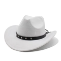 Close-up of white western felt cowboy hat featuring a black belt with silver star studs - M (56-58cm) / White