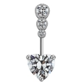 Detailed view of silver heart-shaped navel ring with sparkling round cubic zirconia stones - Three Round One Heart Style