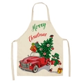 Beige Christmas apron featuring a red truck, snowman, and Merry Christmas print - Style-3 (Red Truck)
