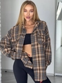 Übergroßes Damen-Flanellhemd mit braunem Karomuster, Reverskragen und langen Ärmeln - S / Khaki