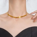 Golden stainless steel LOVE block pendant necklace worn on neck by a fashion model - Gold Necklace (8914LOVE Square Block Necklace)