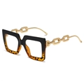 Square oversized eyeglasses featuring leopard print拼接 and gold chain-link metal temples - Black Top Tortoiseshell Bottom Frame