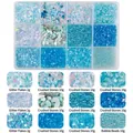 Blue and mint 12-grid DIY nail art set with sequins, crushed stones and pearls - Blue