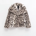 Short faux fur jacket for women with leopard print in grey and white tones - XS / Leopard Print