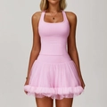 Pink balletcore yoga set with halter neck top and layered mesh skirt for fitness - S / Top And Bottom / Vest + Skirt (2033) / Sakura Pink
