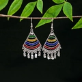 Detailed macro view of bohemian silver fan earrings with colorful enamel and bead tassels - Silver Four Color Enamel Fan(E5089)
