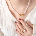 Elegant gold-plated titanium necklace and ring set featuring natural freshwater pearls - Necklace / Gold Necklace-40cm