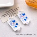 Set of 2 miniature blue and white ceramic plates for dollhouse DIY decor, 0.7x2.6cm - Square Plate - Blue Leaves Red Berries
