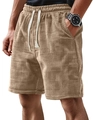Close-up of khaki waffle textured fabric on men's casual shorts with drawstring waist - M / Bottoms / Khaki