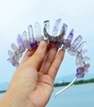Handmade amethyst crystal moon crown headband with purple raw stones and silver wire - Light Amethyst