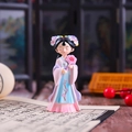 Cute Q-version Hanfu girl figurine in pink and blue traditional dress with flower fan - Style 3D Fan Small
