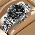 Men's silver stainless steel watch with black dial, multi-function sub-dials and crystals - All Silver (2741)