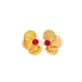 Detail of vintage gold flower stud earrings with a central red stone inlay and textured petals - Red Gemstone Style / Red