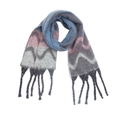 Detailed view of the soft faux mohair wavy pattern scarf with thick blue and grey tassels - Gray