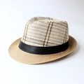Men's breathable paper straw jazz hat in beige and brown check with black ribbon - M (56-58cm) / Striped Khaki