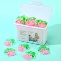 5-in-1 concentrated laundry beads in pink and green pods inside an open white storage box - 6-Chamber Rose 25 Capsules Boxed