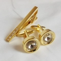 Men's gold cufflinks and tie clip set with clear crystals on white textured fabric - Set / Gold/White Zirconia