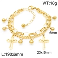 Double-layer gold stainless steel chain bracelet with cross and bead charms - Style G Gold (KB187014-Z)