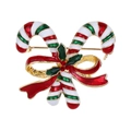 Weihnachts-Zuckerstangen-Brosche mit roter Emaille, Schleife und Kristallsteinen - Zuckerstange