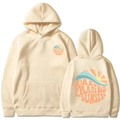Beige oversized hoodie with sunset graphic and kangaroo pocket front and back views - Khaki