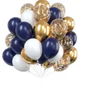 12 inch navy blue and gold balloon bouquet with gold confetti for party decor - Navy Blue, Metallic Gold, White and Confetti Combination