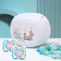 Heart-shaped 3-in-1 laundry capsules in pink, blue, and green with a storage jar - 3-in-1 Smurf Style 50 Capsules Round Tub