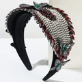 Luxe wide headband with red crystals and silver rhinestones featuring 3D butterfly charms - Red