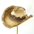 Wide brim raffia cowboy hat with feather trim and frayed edges for beach vacation - One Size (58cm) / Khaki Brown Feather