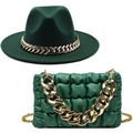 Britse stijl bosgroene wollen fedora hoed en gewatteerde kettinghandtas mode-accessoires - L (58-60cm) / Donkergroen