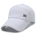 White mesh baseball cap with metal M emblem and breathable sun protection design - White With M Logo