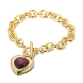 18K gold plated OT clasp bracelet featuring a heart-shaped ruby red glass gemstone - Gold Purple Red Heart Style (KB62135-Z)