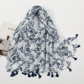 White voile scarf with navy blue floral print and fringe tassels for sun protection - White Base Navy Blue Floral Style (XB951)