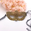 Elegant gold lace masquerade mask with black silk ribbons on floral white background - One Size / Gold