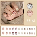 Cute bear and red bow press-on nails set with festive plaid and heart patterns - Model A3161 (Glue Type)