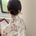 Pink tulip flower hair pin with green leaves styled in a bun for hanfu accessories - 115# Light Pink (Tulip Style)