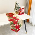Christmas table runner with poinsettia patterns, pine cones, and red tassels on white fabric - 12# Flower and Pinecone