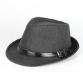 Macro detail of breathable black straw fedora featuring a leather strap and silver buckle - 58cm (Adjustable) / Black with Black Belt