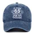 Distressed navy blue washed cotton baseball cap with white 65th birthday embroidery - Adjustable / Navy Washed 65 Years